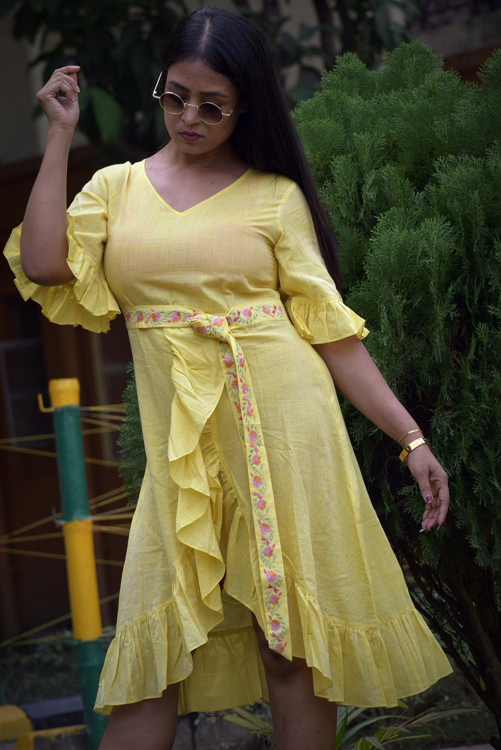 Yellow Pastel Linen Cotton Ruffled Bell Sleeve Midi Dress Embroidered Belt
