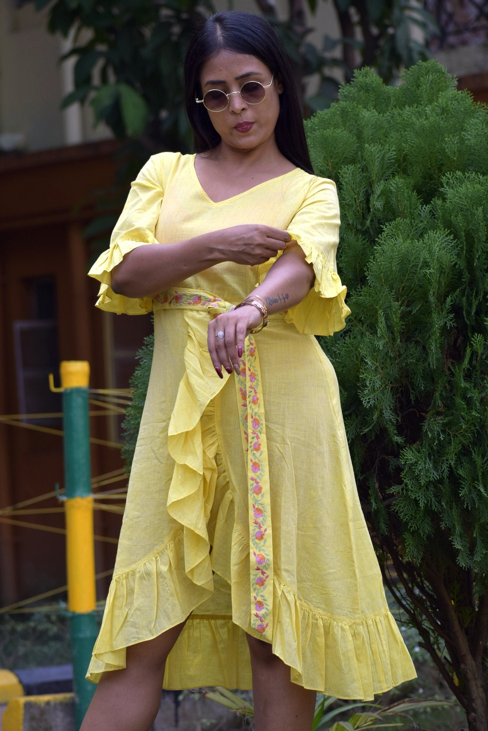 Yellow Pastel Linen Cotton Ruffled Bell Sleeve Midi Dress Embroidered Belt