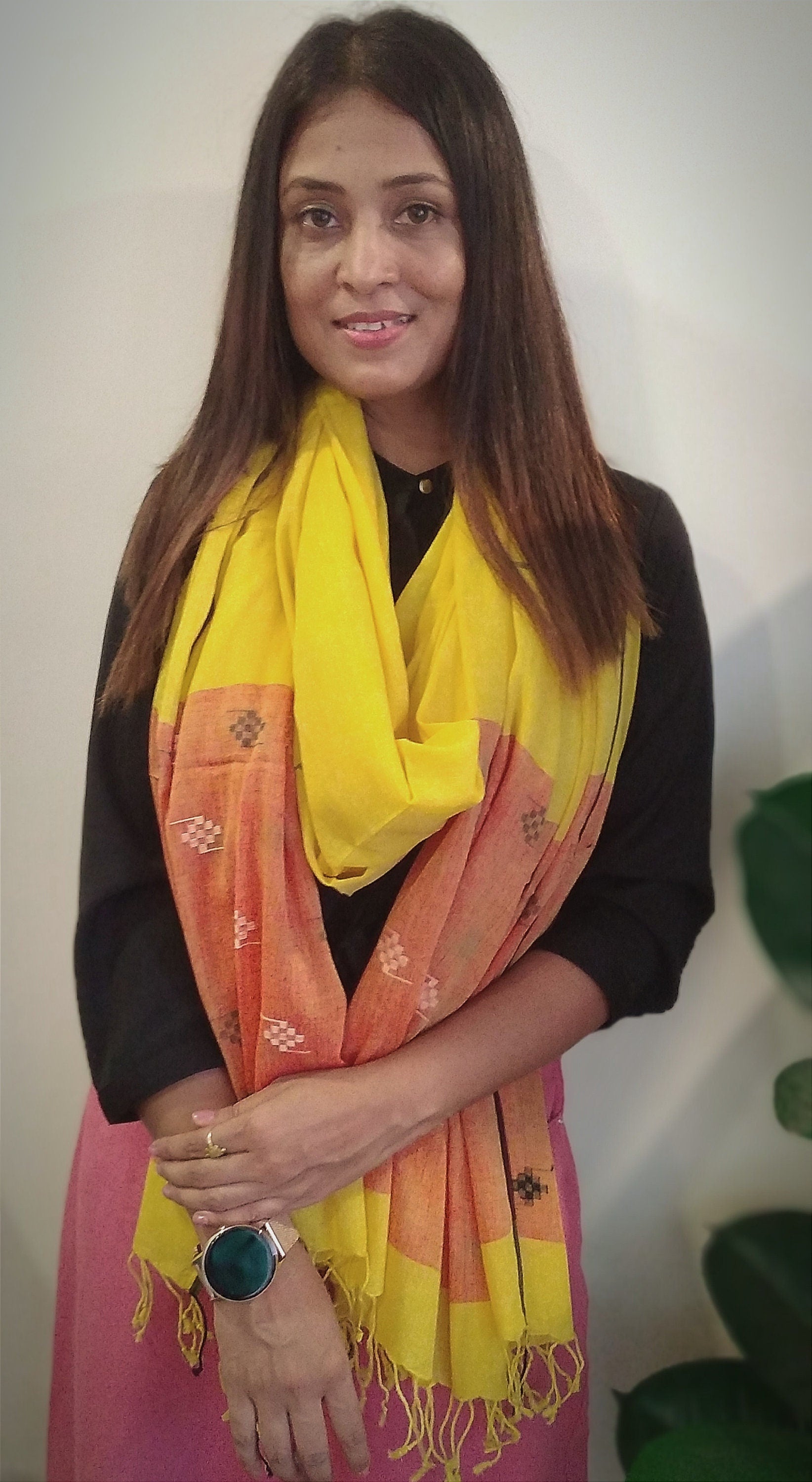 Kailani Yellow & Orange Handwoven Jamdani Designer Stole - Muslin Cotton