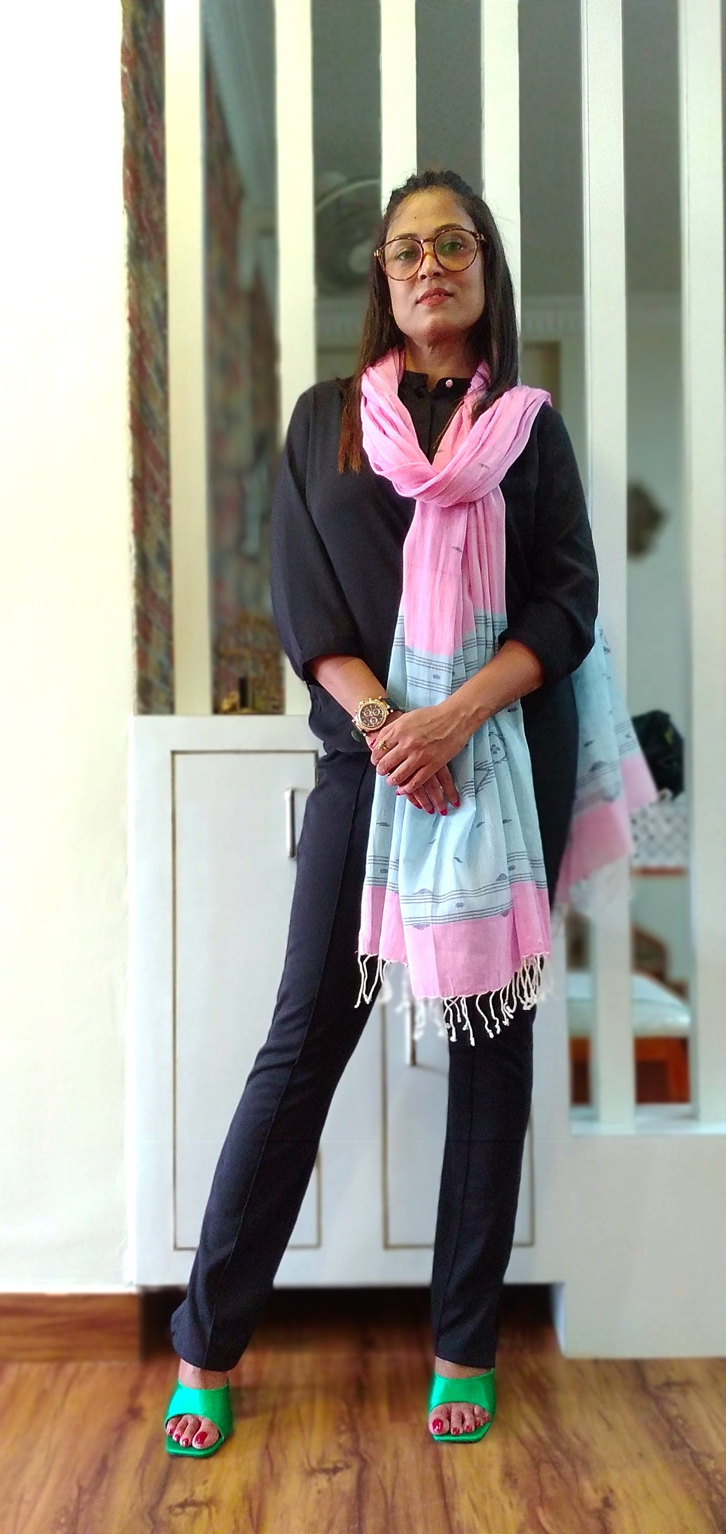 Gulshan Pink & Sky Blue Handwoven Jamdani Designer Stole - Geometric Pattern