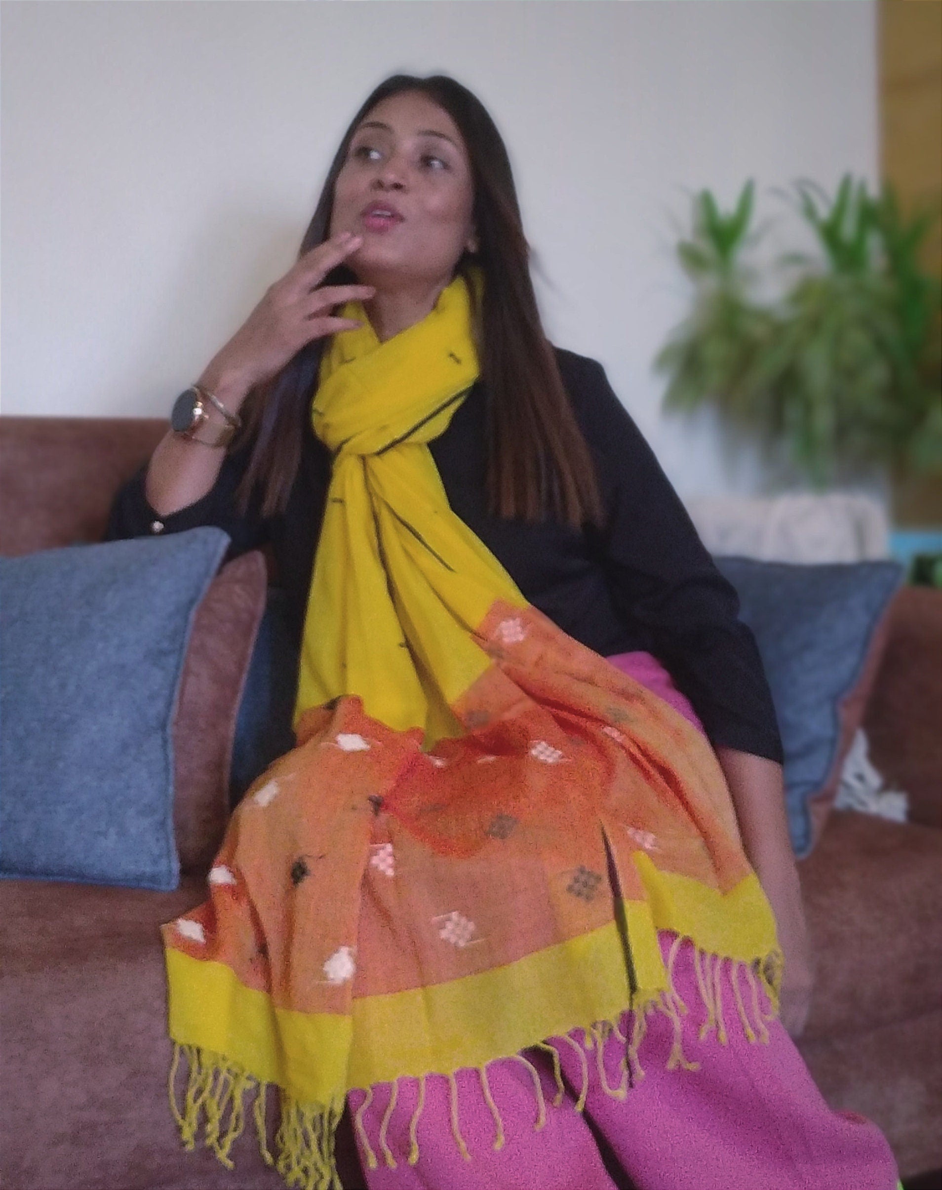 Kailani Yellow & Orange Handwoven Jamdani Designer Stole - Muslin Cotton