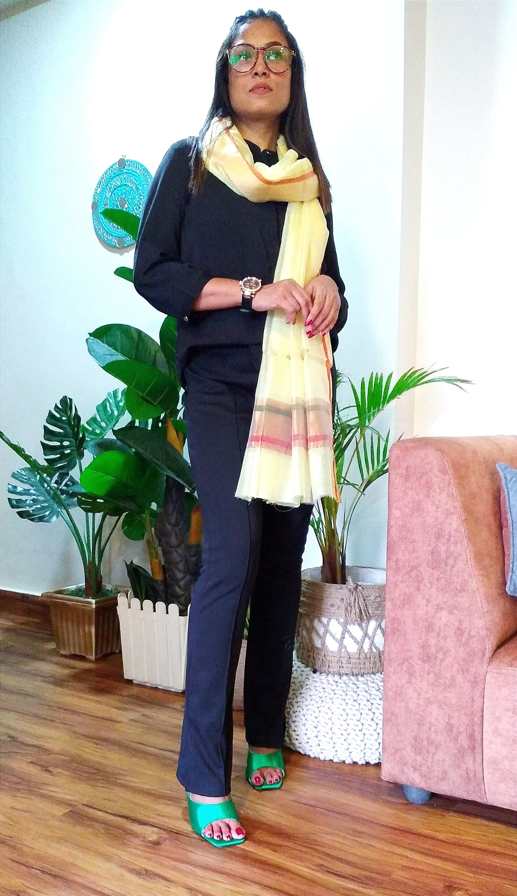 Ziqqr Yellow Handwoven Muslin Cotton Jamdani Stole - Designer Stoles