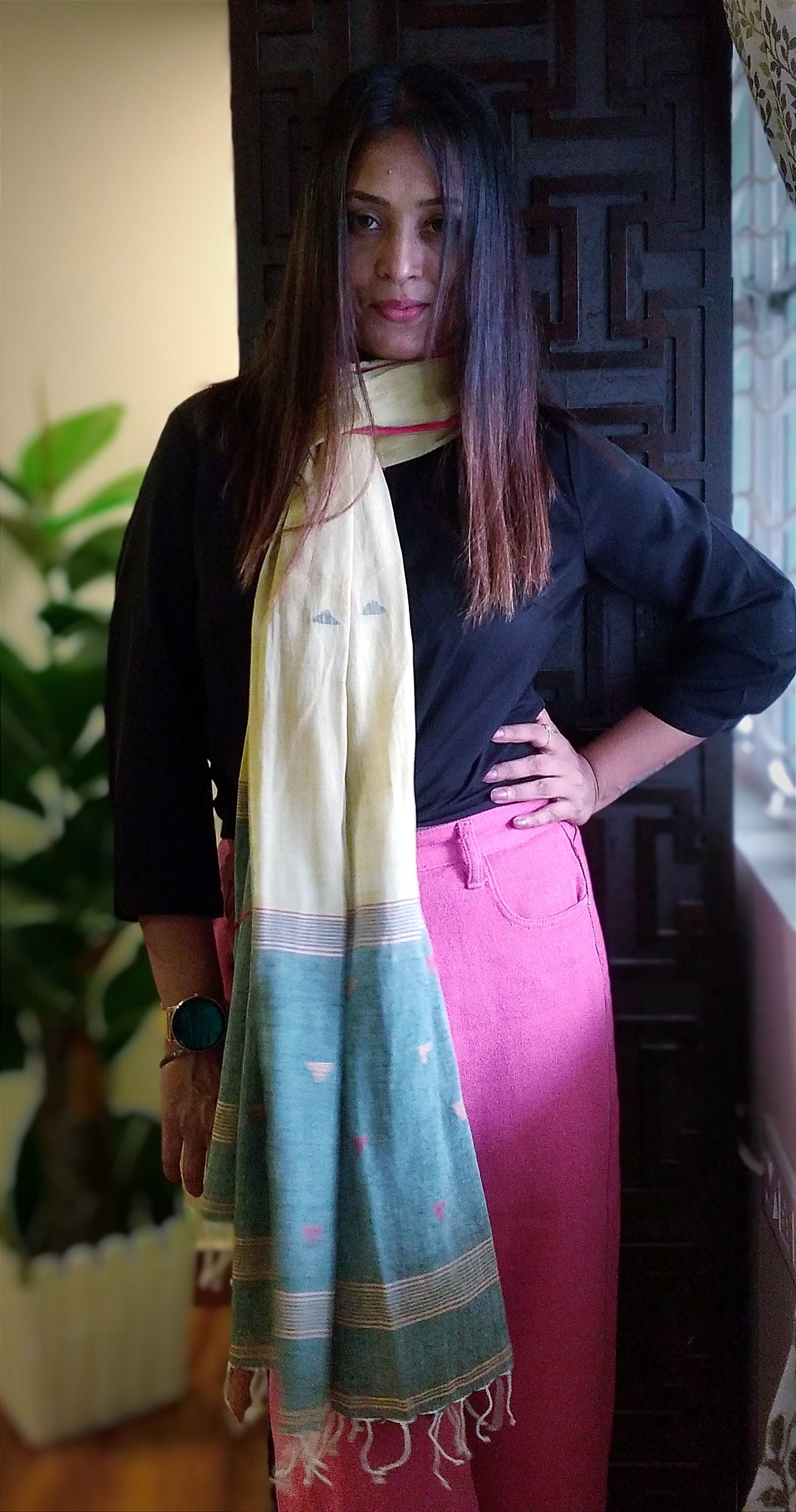 Samira Yellow & Blue Handwoven Muslin Cotton Jamdani Stole - Geometric Stole
