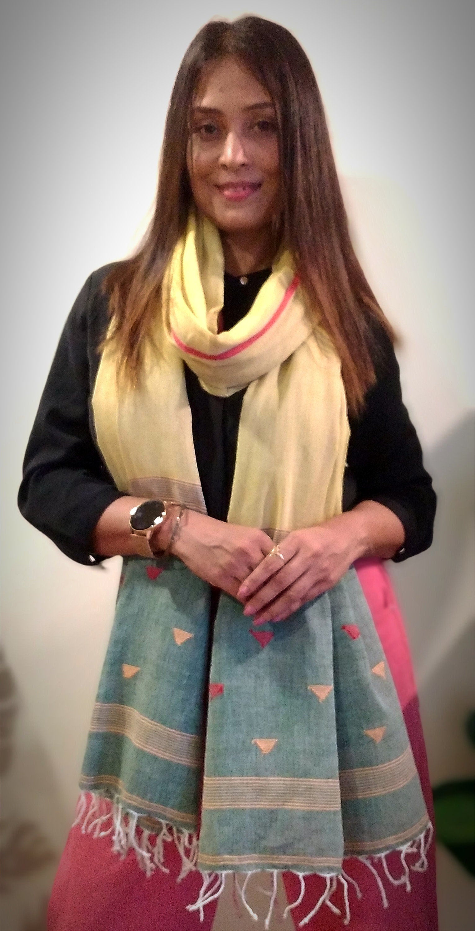 Samira Yellow & Blue Handwoven Muslin Cotton Jamdani Stole - Geometric Stole