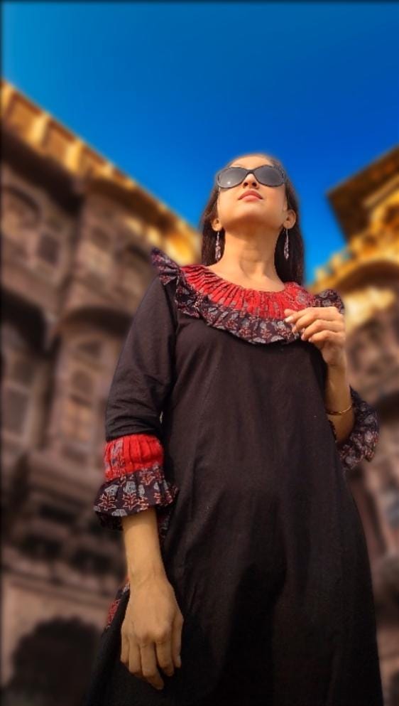 Danisher Black & Red Ajrakh Print Cotton Maxi Prairie Dress - Ruffled Neck Vintage