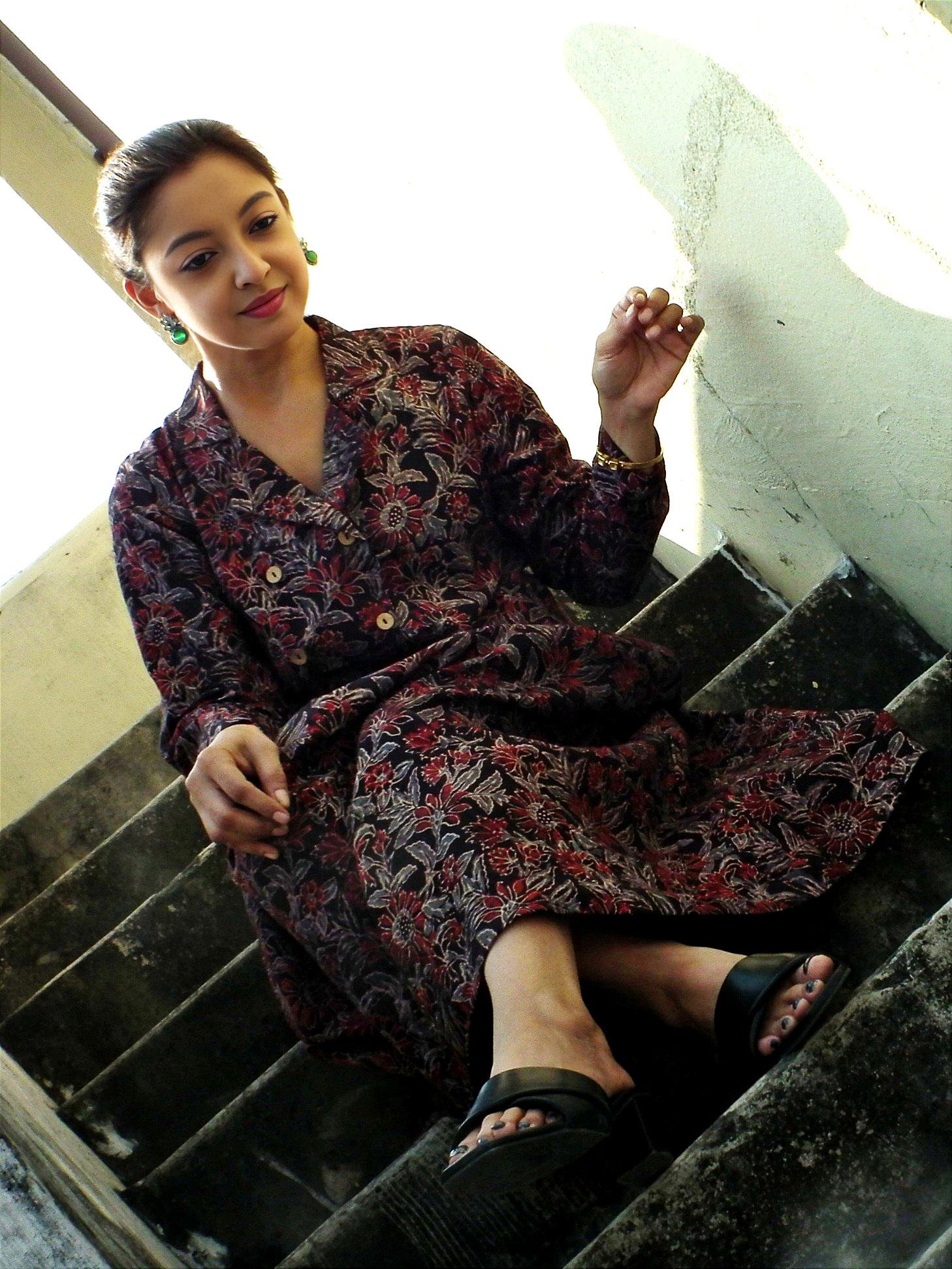 Black Red White Cotton Ajrakh Handblock Collared A-Line Dress Bow