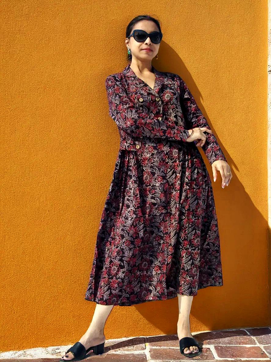 Black Red White Cotton Ajrakh Handblock Collared A-Line Dress Bow