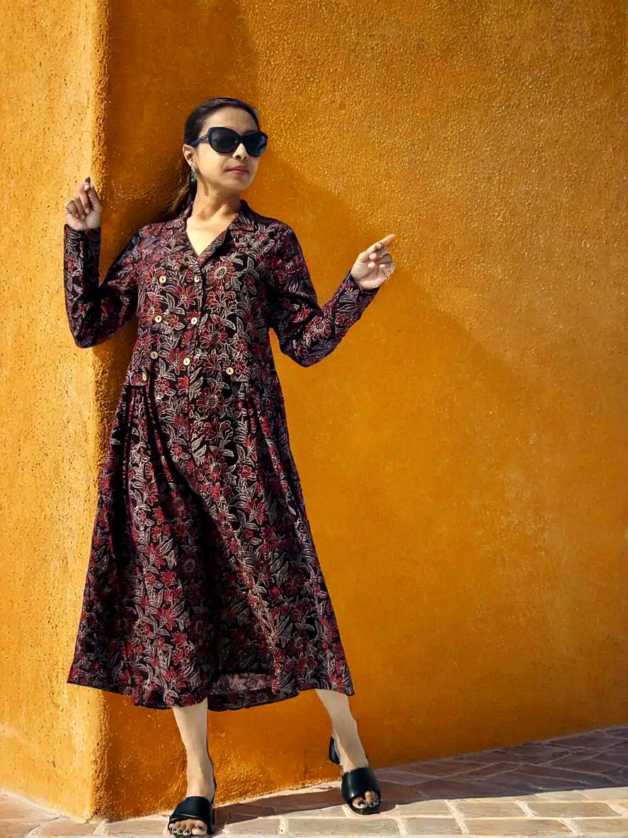 Black Red White Cotton Ajrakh Handblock Collared A-Line Dress Bow