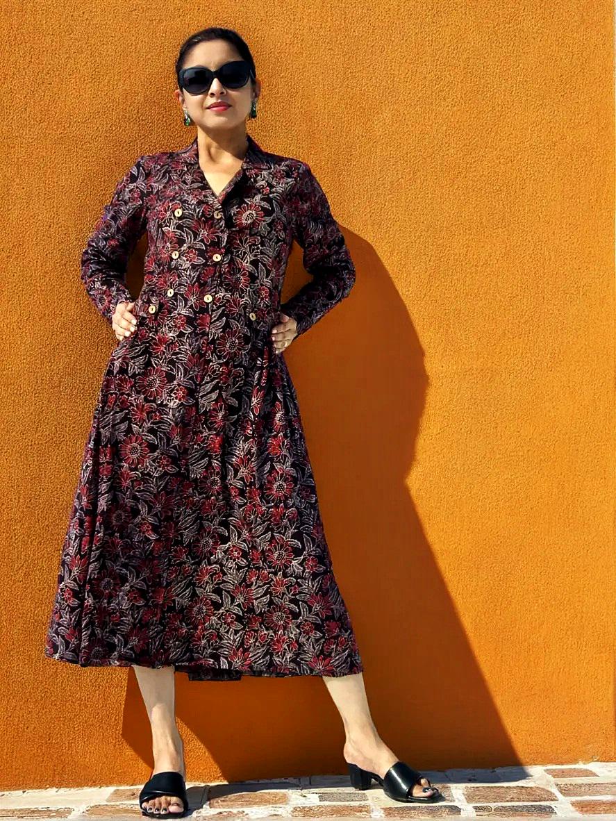 Black Red White Cotton Ajrakh Handblock Collared A-Line Dress Bow