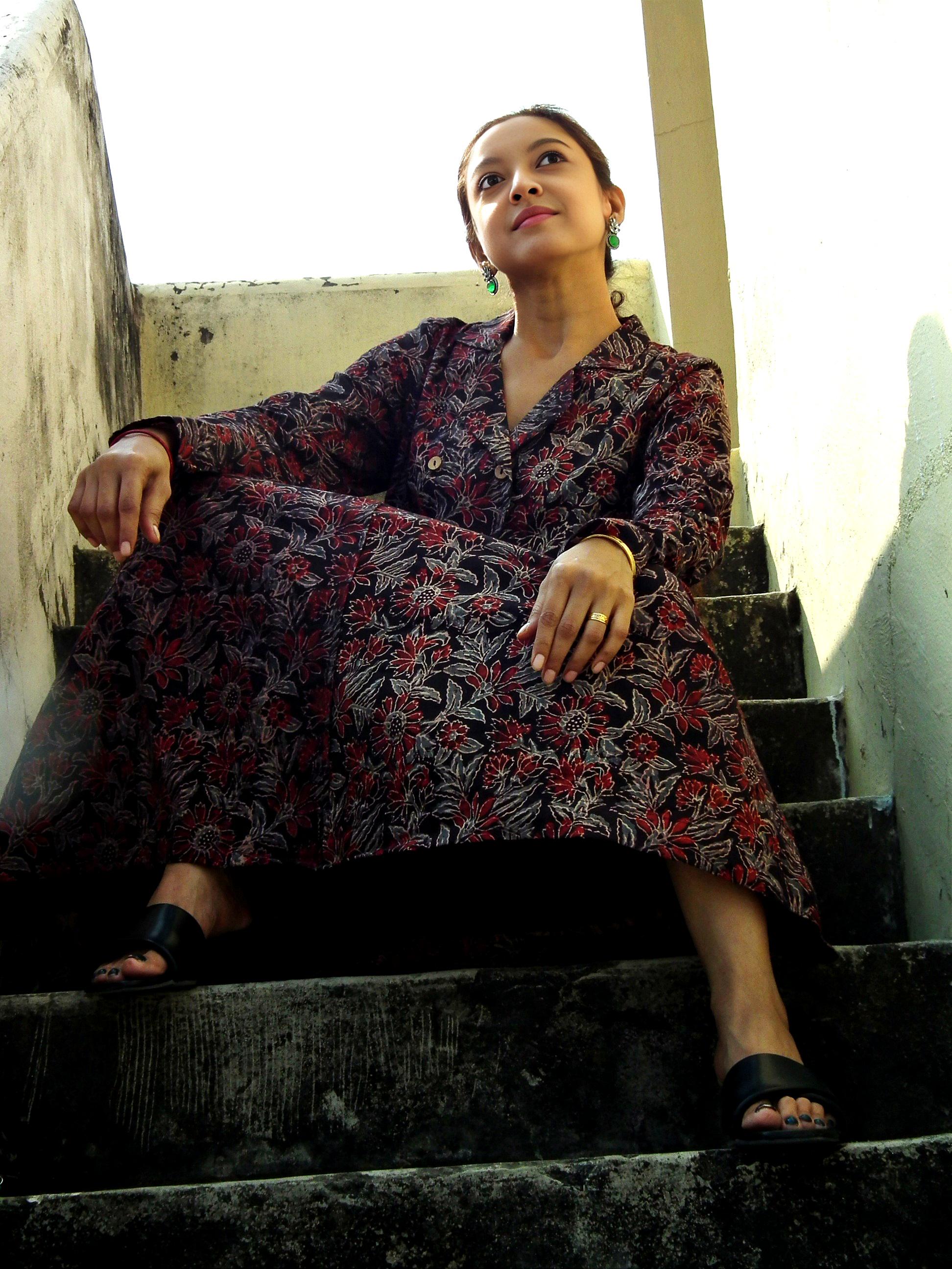 Black Red White Cotton Ajrakh Handblock Collared A-Line Dress Bow