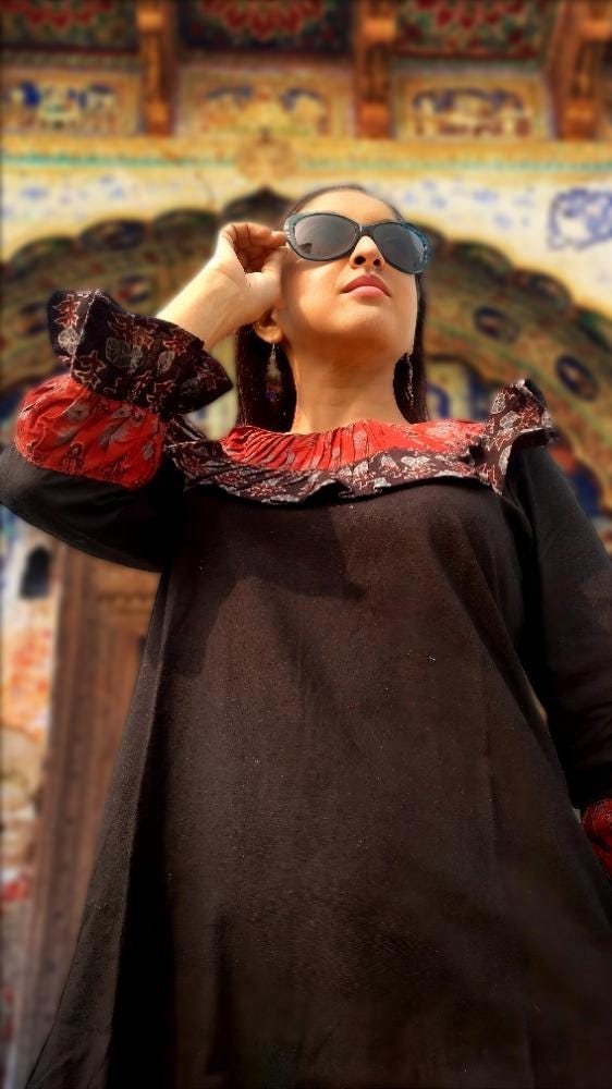 Danisher Black & Red Ajrakh Print Cotton Maxi Prairie Dress - Ruffled Neck Vintage