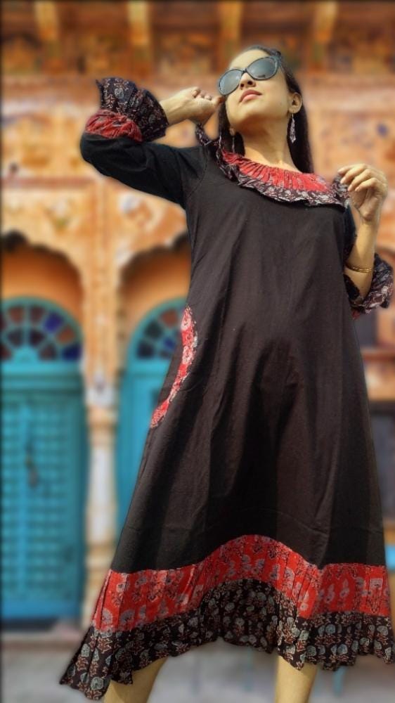 Danisher Black & Red Ajrakh Print Cotton Maxi Prairie Dress - Ruffled Neck Vintage