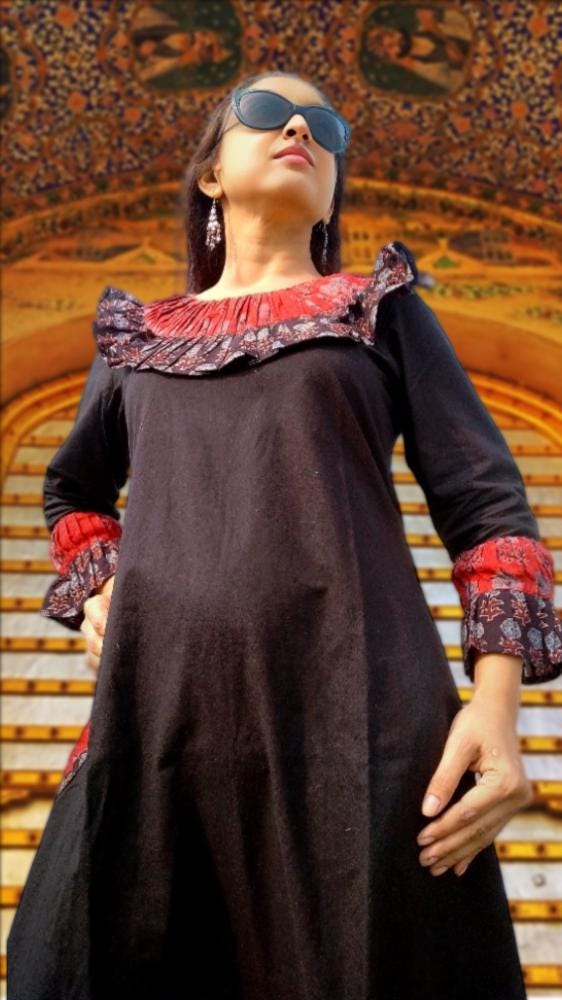 Danisher Black & Red Ajrakh Print Cotton Maxi Prairie Dress - Ruffled Neck Vintage