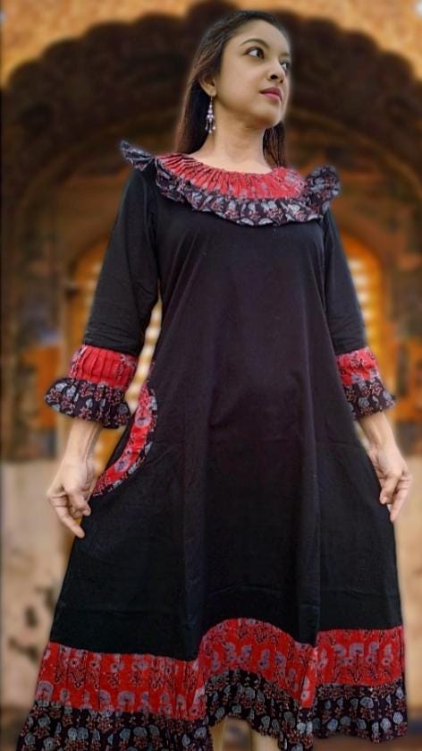 Danisher Black & Red Ajrakh Print Cotton Maxi Prairie Dress - Ruffled Neck Vintage