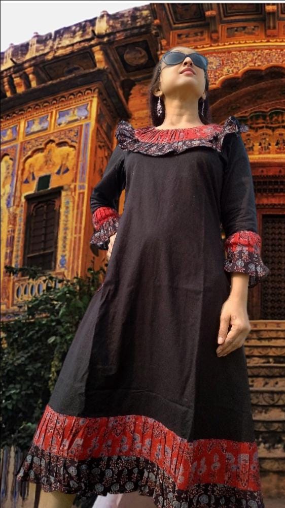 Danisher Black & Red Ajrakh Print Cotton Maxi Prairie Dress - Ruffled Neck Vintage