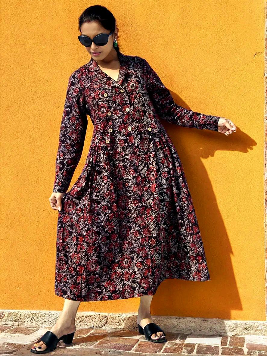 Black Red White Cotton Ajrakh Handblock Collared A-Line Dress Bow