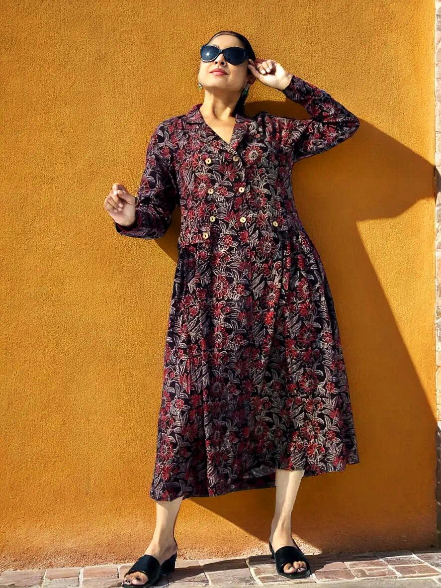 Black Red White Cotton Ajrakh Handblock Collared A-Line Dress Bow