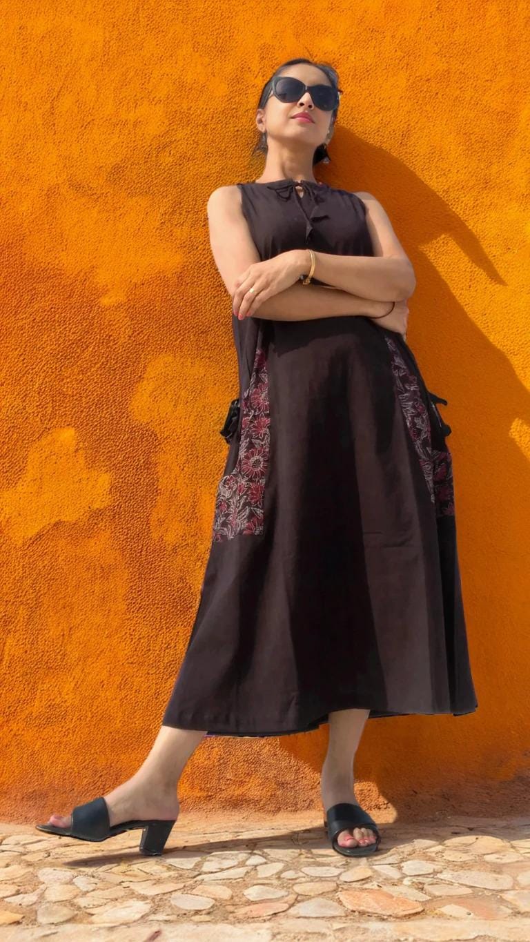 Sardania Brown Ajrakh Print Cotton Maxi Prairie Dress - Sleeveless Vintage