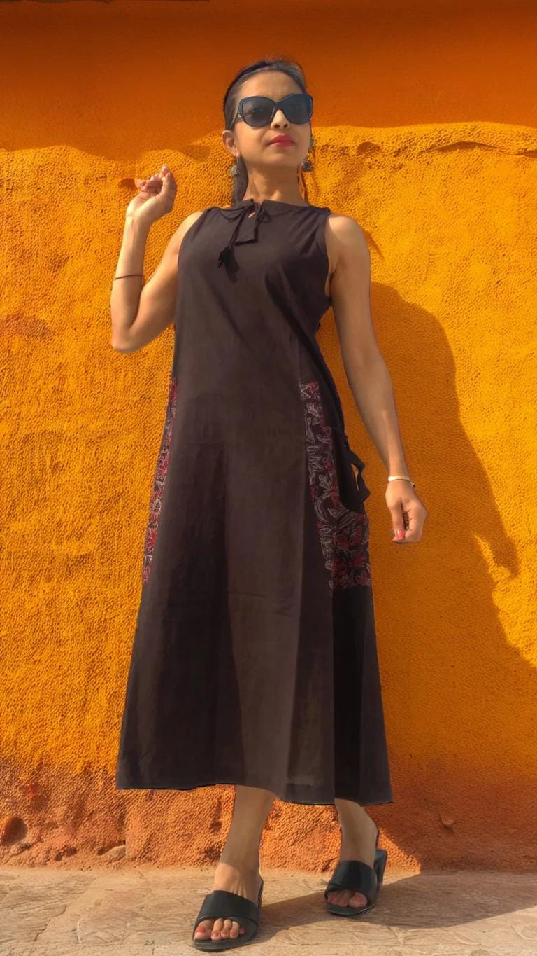 Sardania Brown Ajrakh Print Cotton Maxi Prairie Dress - Sleeveless Vintage