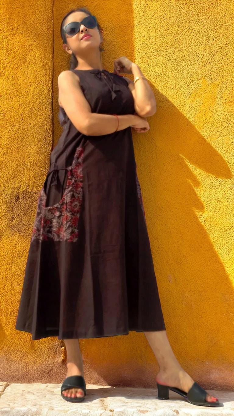 Sardania Brown Ajrakh Print Cotton Maxi Prairie Dress - Sleeveless Vintage