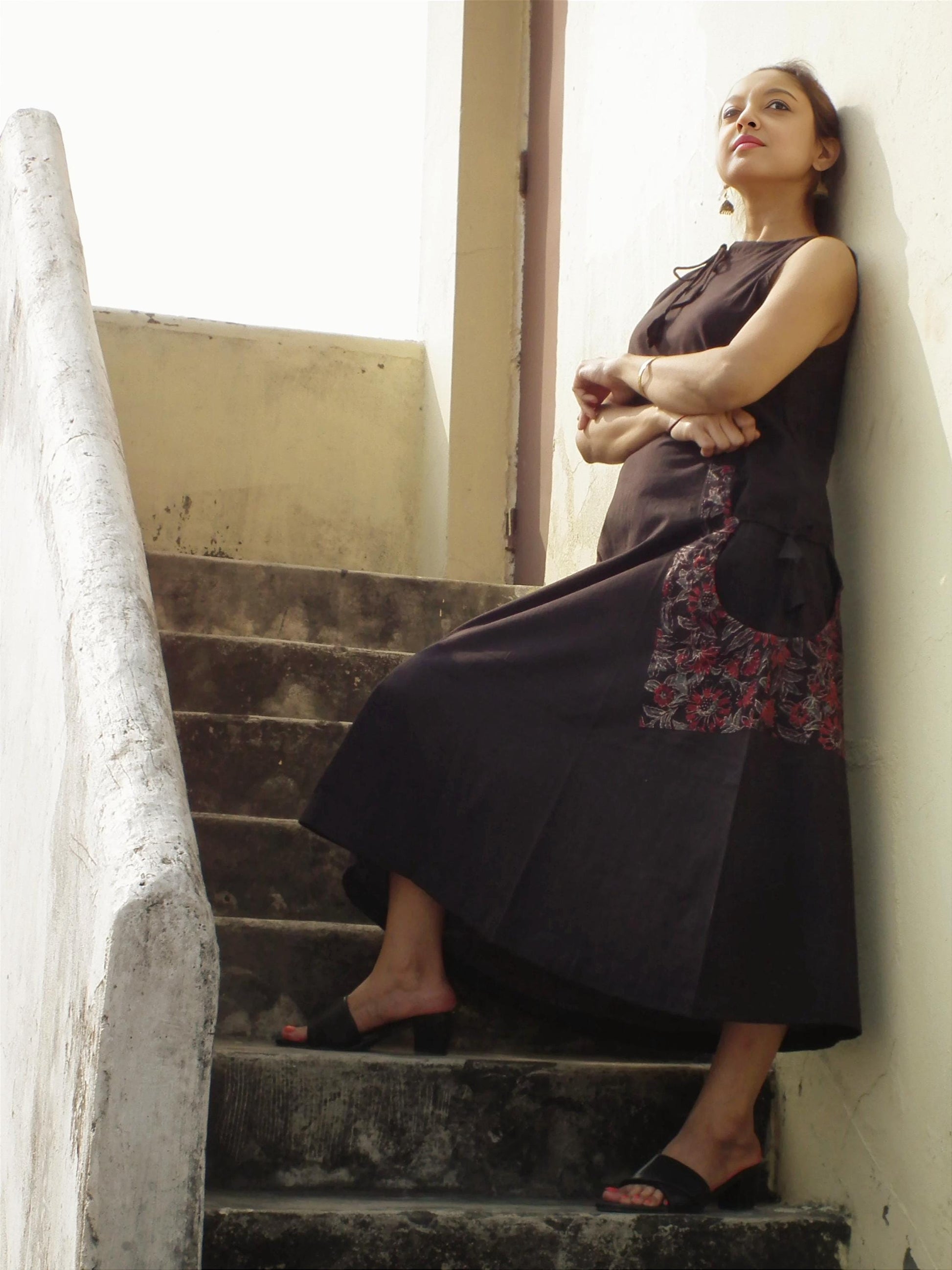 Sardania Brown Ajrakh Print Cotton Maxi Prairie Dress - Sleeveless Vintage