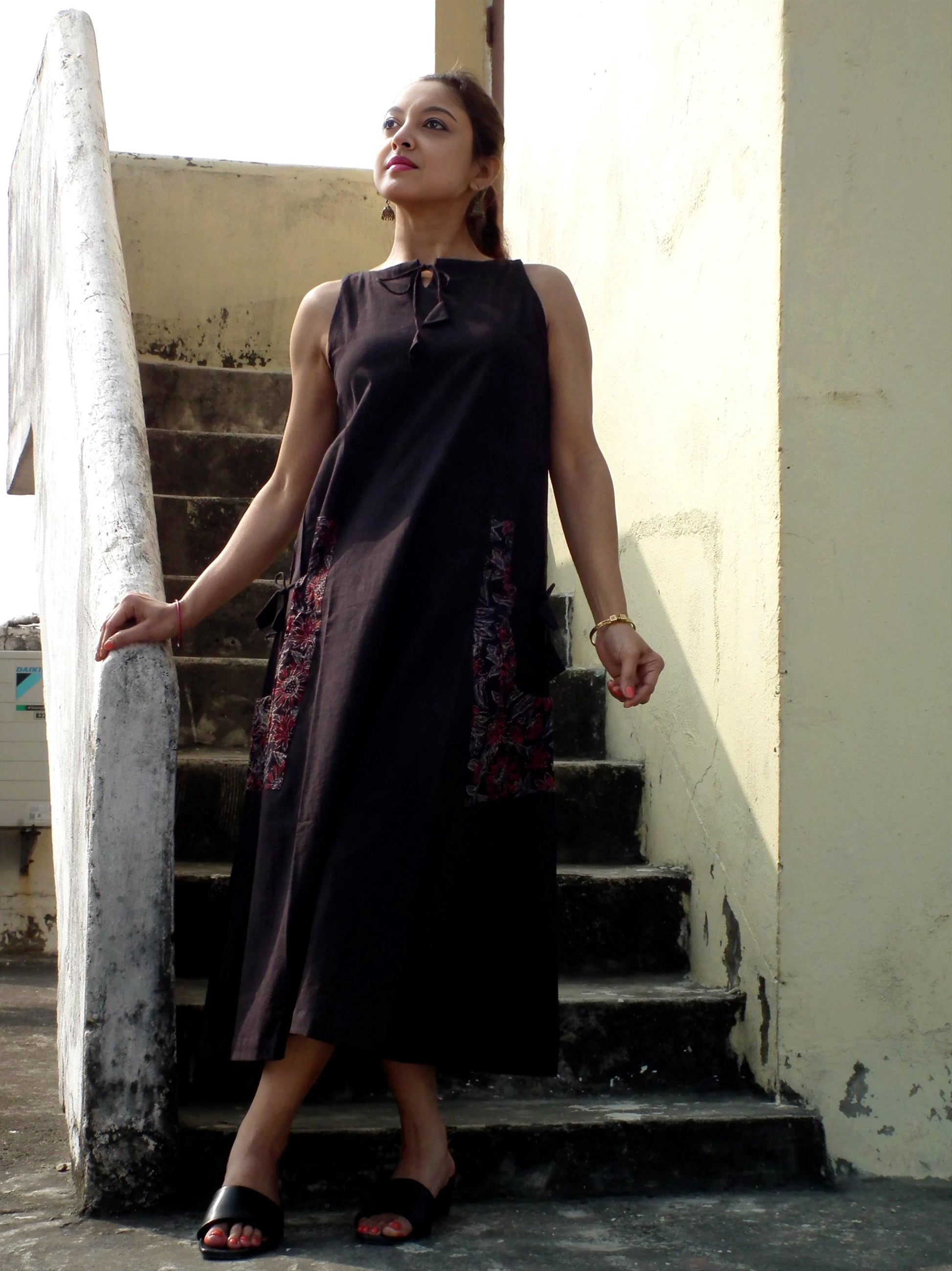 Sardania Brown Ajrakh Print Cotton Maxi Prairie Dress - Sleeveless Vintage