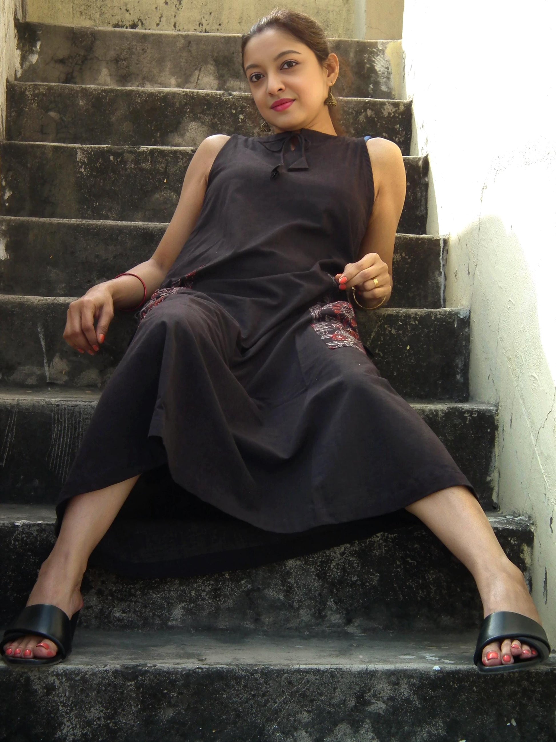 Sardania Brown Ajrakh Print Cotton Maxi Prairie Dress - Sleeveless Vintage