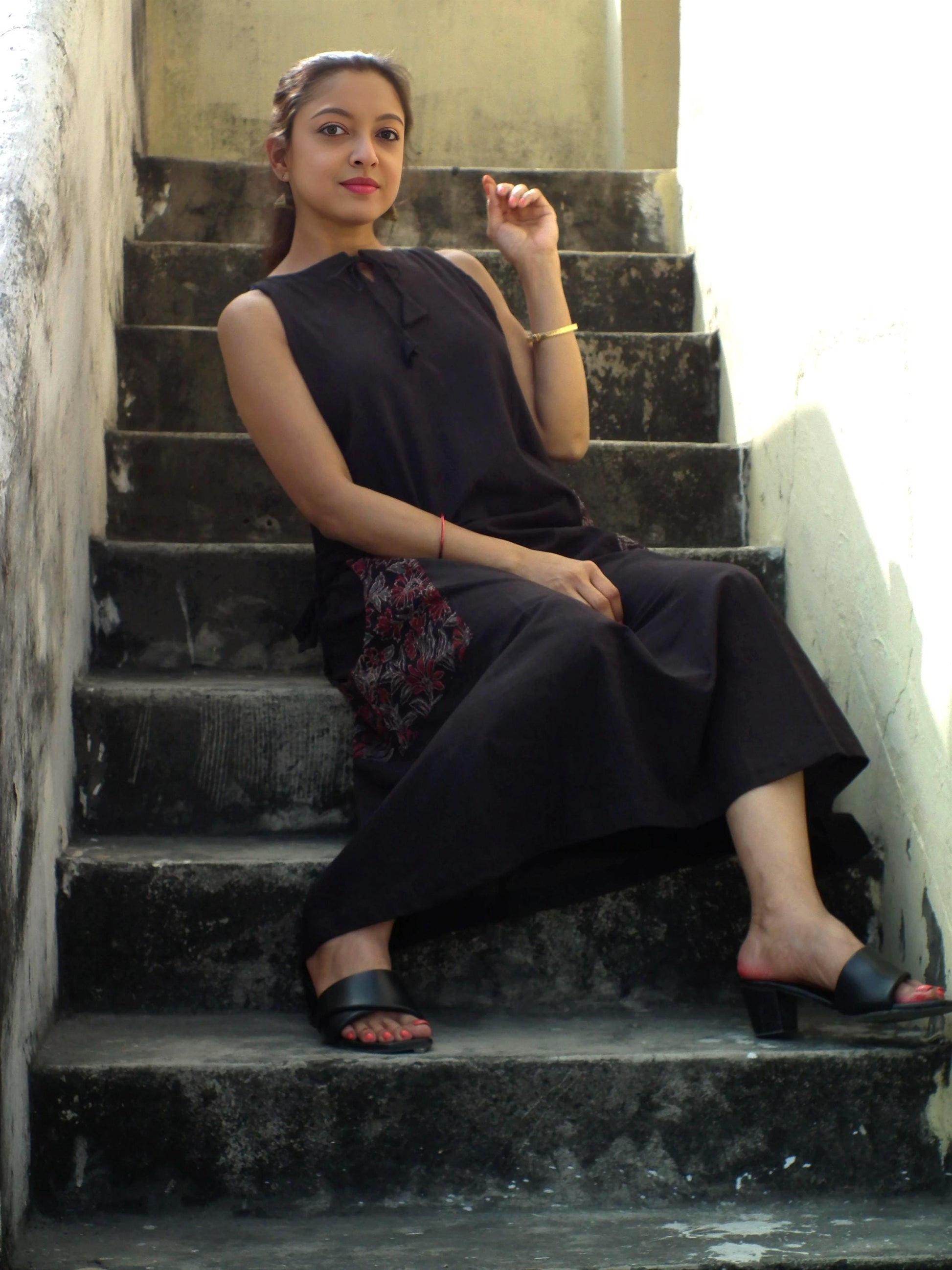 Sardania Brown Ajrakh Print Cotton Maxi Prairie Dress - Sleeveless Vintage