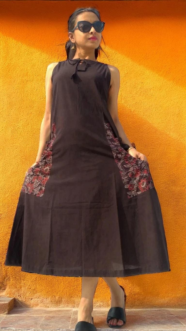 Sardania Brown Ajrakh Print Cotton Maxi Prairie Dress - Sleeveless Vintage