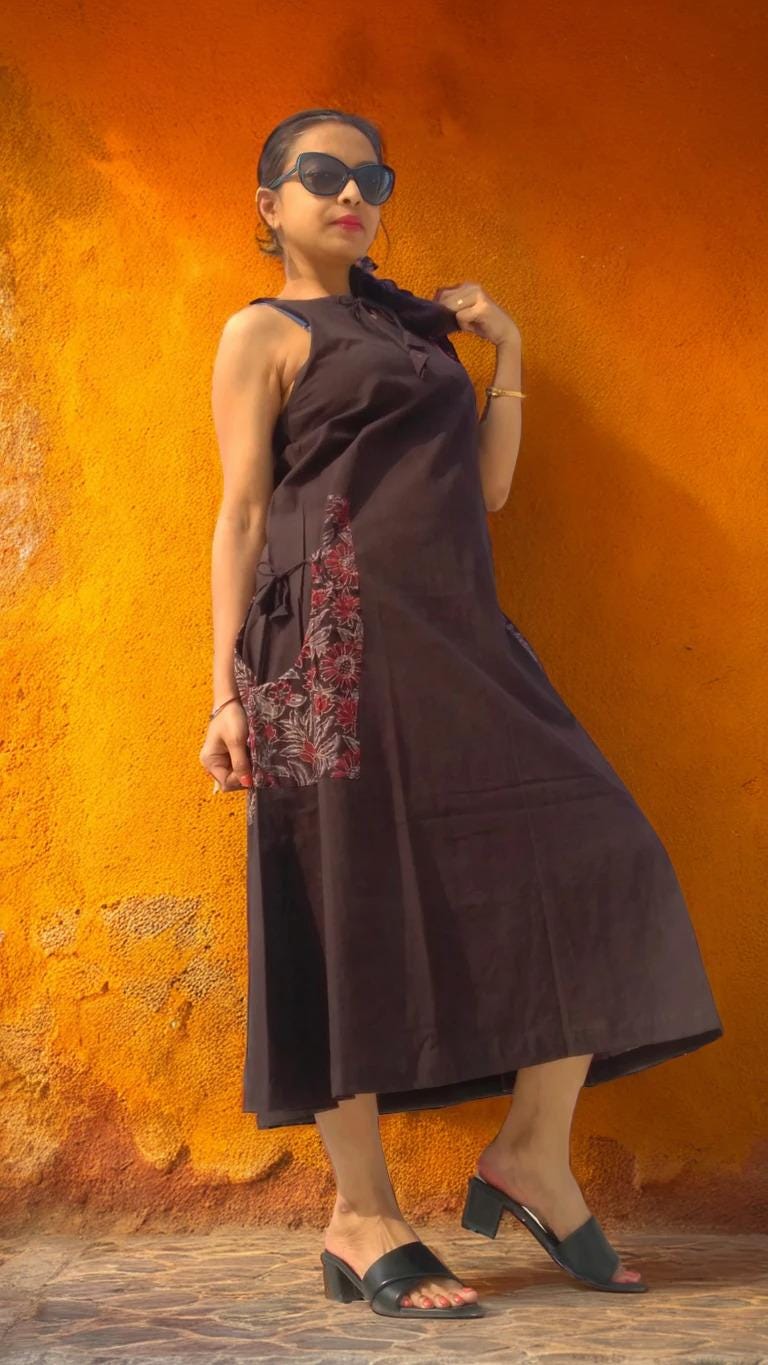 Sardania Brown Ajrakh Print Cotton Maxi Prairie Dress - Sleeveless Vintage