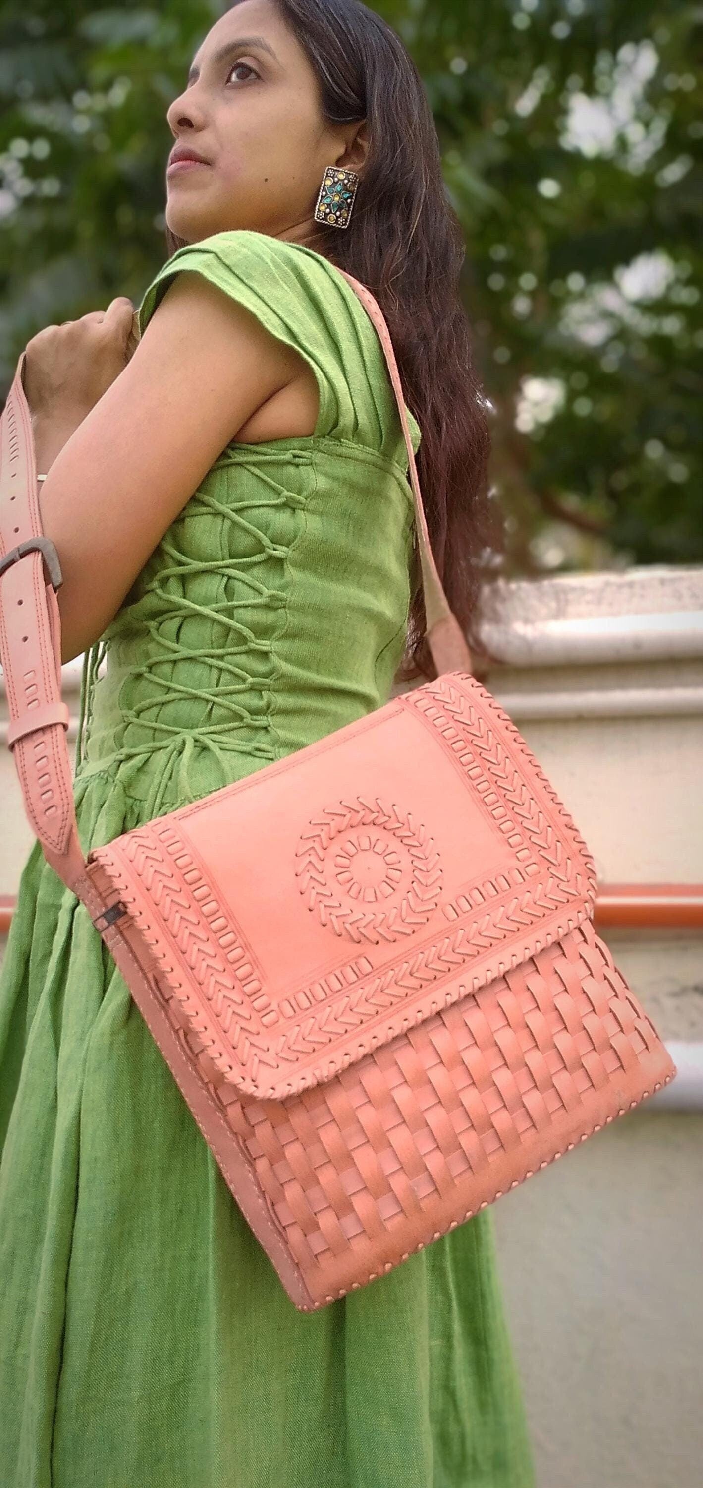 Lumina Peach Handbraided Leather Designer Bag - Cross Shoulder Sling