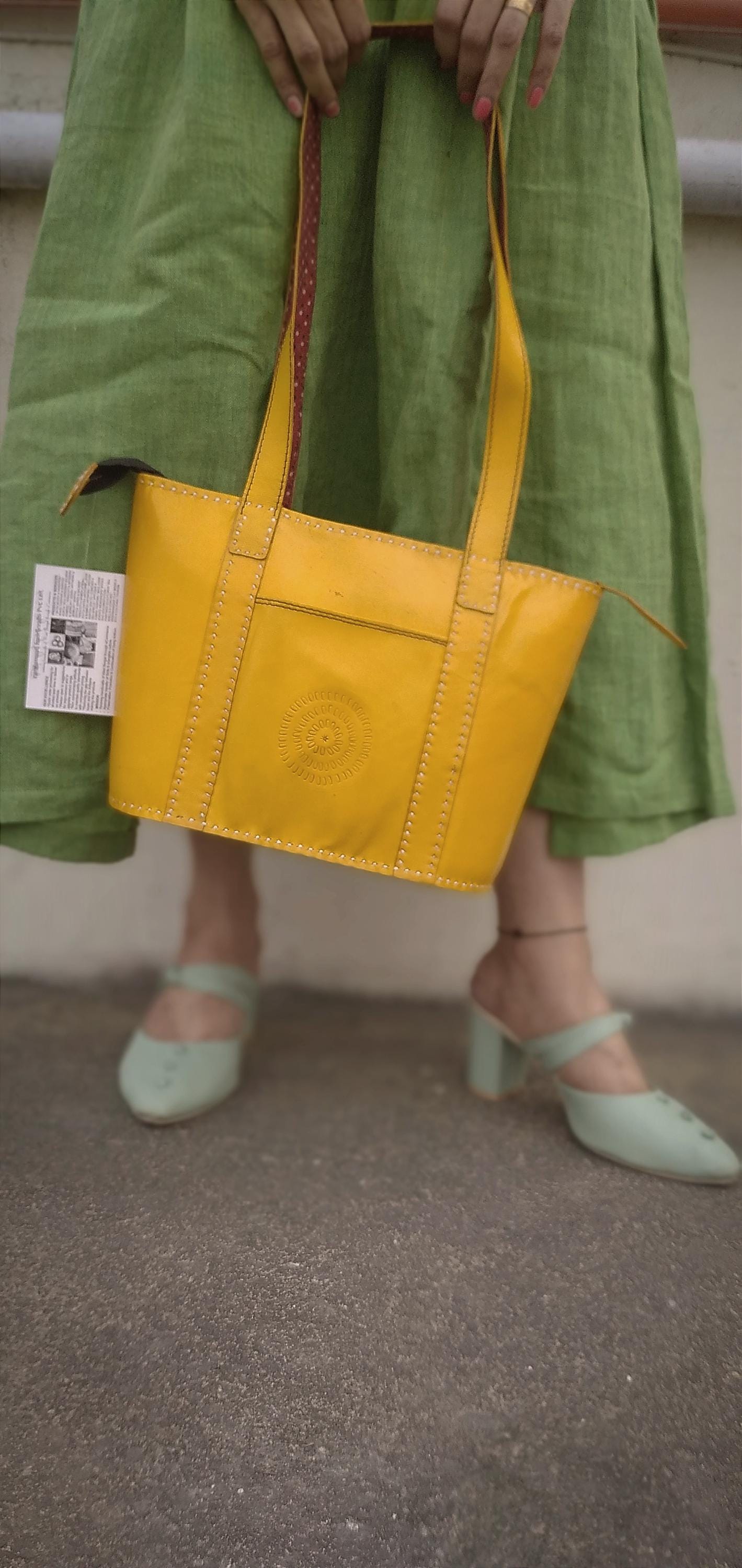 Sapphire Yellow & Red Handcrafted Leather Designer Handbag - Premium
