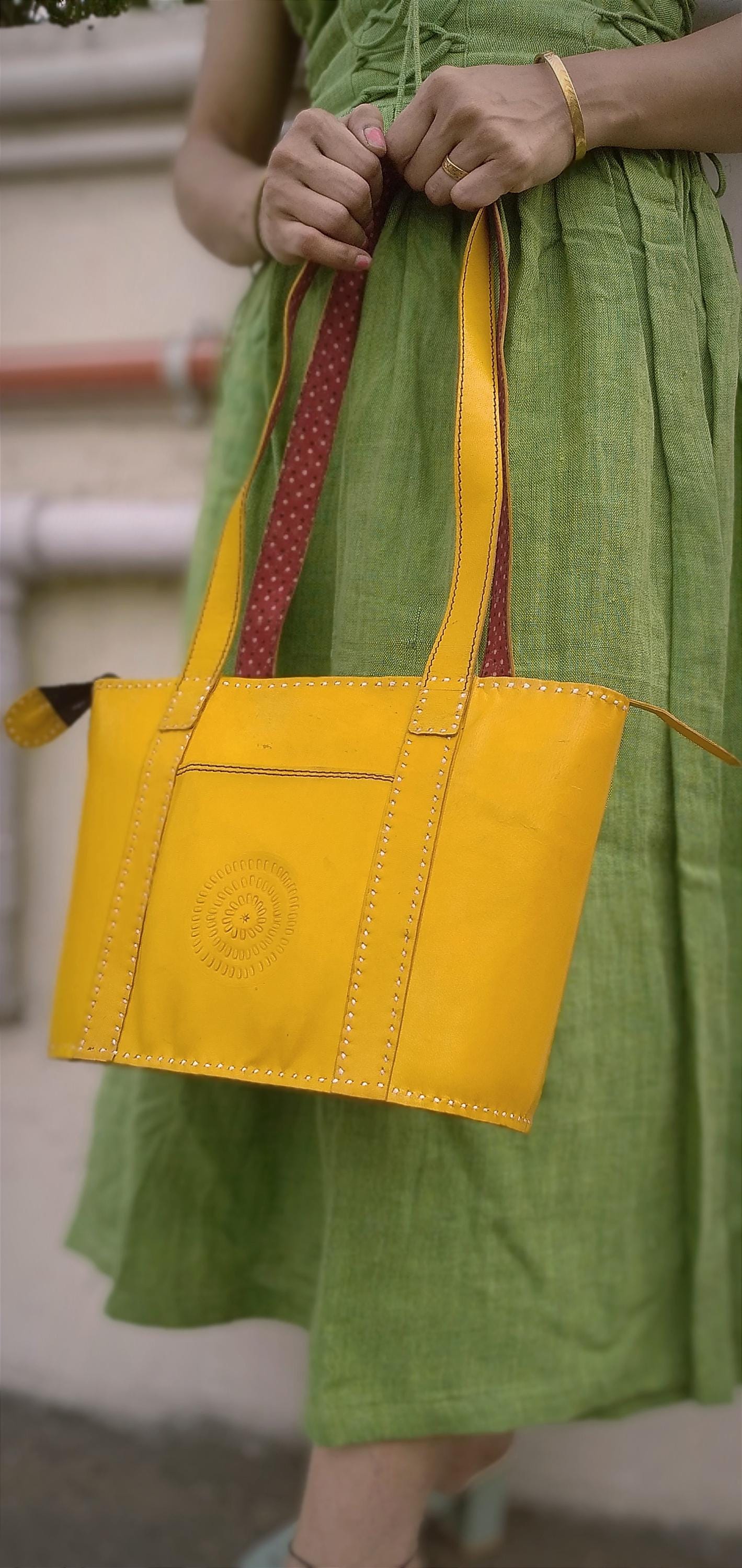 Sapphire Yellow & Red Handcrafted Leather Designer Handbag - Premium