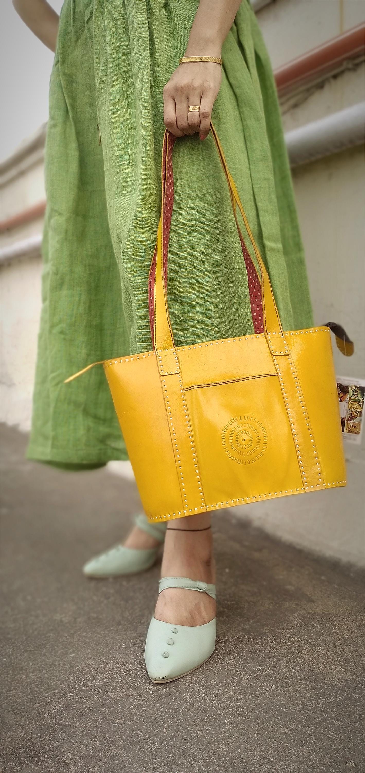 Sapphire Yellow & Red Handcrafted Leather Designer Handbag - Premium
