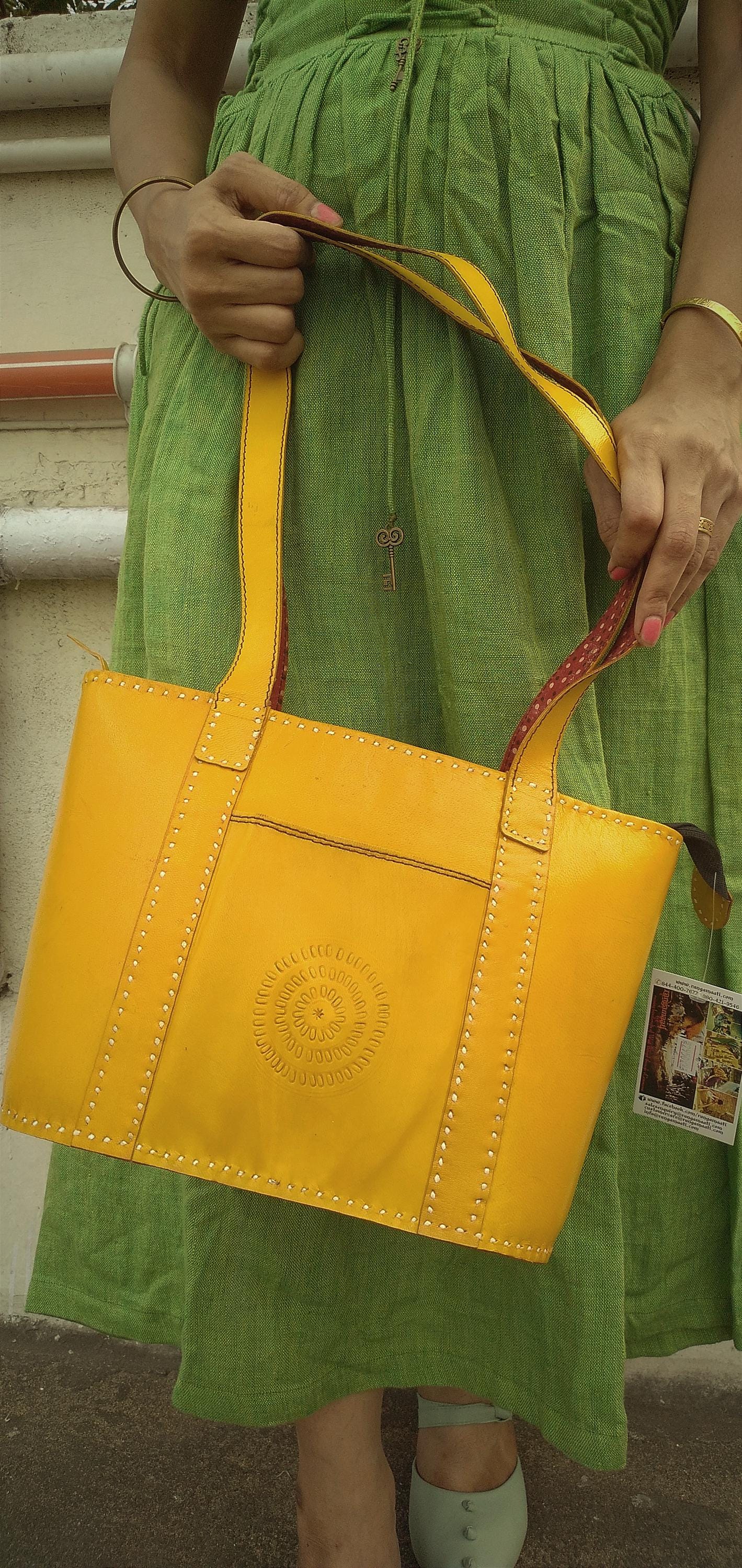 Sapphire Yellow & Red Handcrafted Leather Designer Handbag - Premium