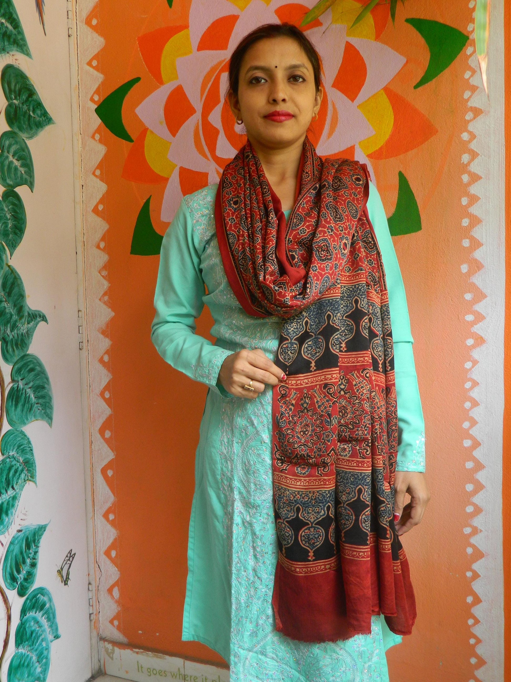 Zubeida Red & Black Ajrakh Modal Silk Dupatta - Natural Dye Stole