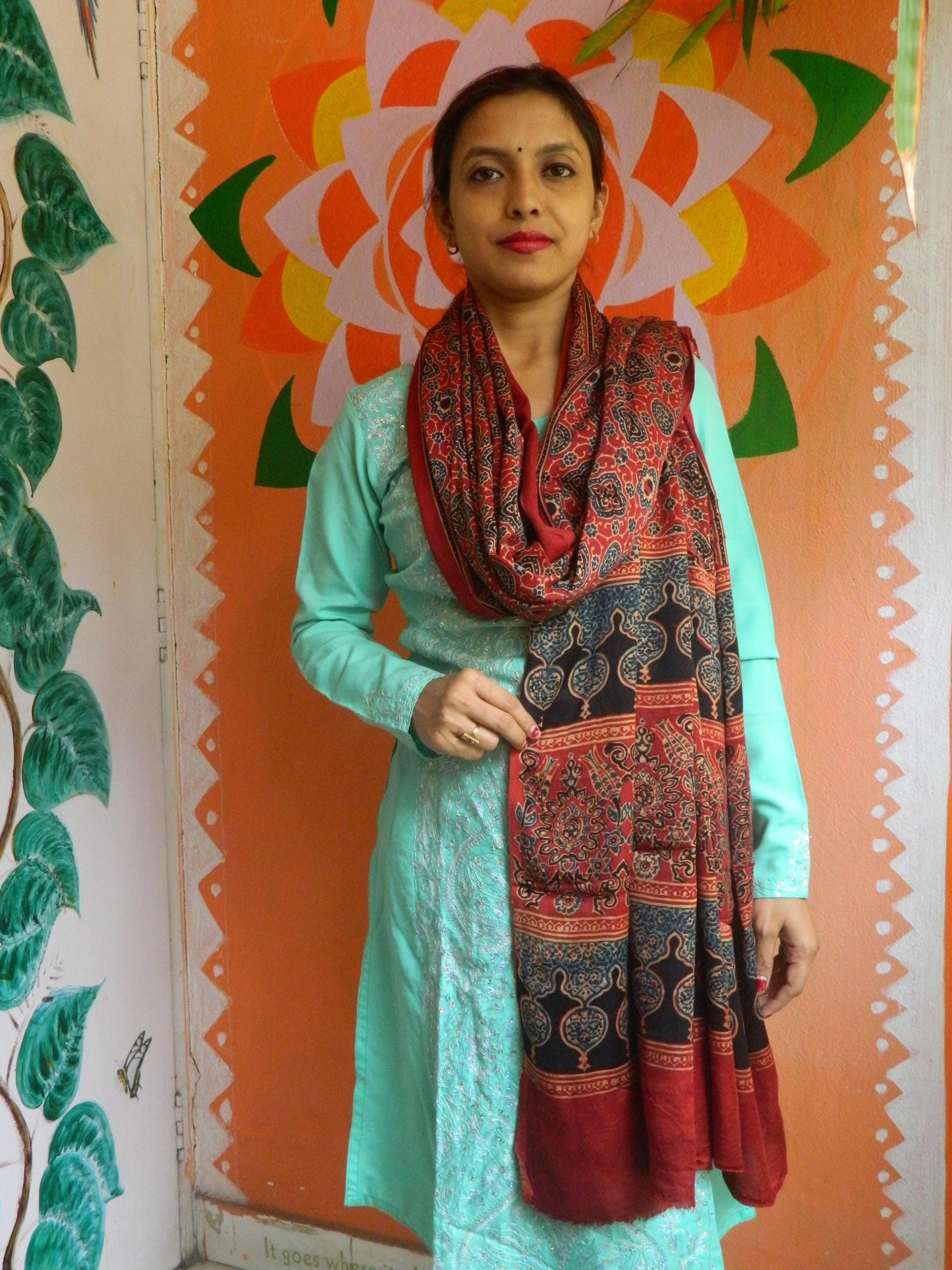 Zubeida Red & Black Ajrakh Modal Silk Dupatta - Natural Dye Stole