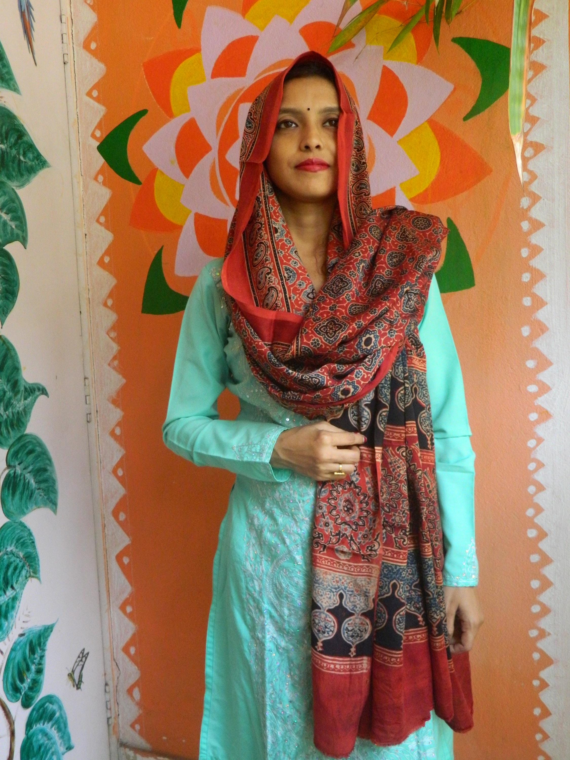 Zubeida Red & Black Ajrakh Modal Silk Dupatta - Natural Dye Stole