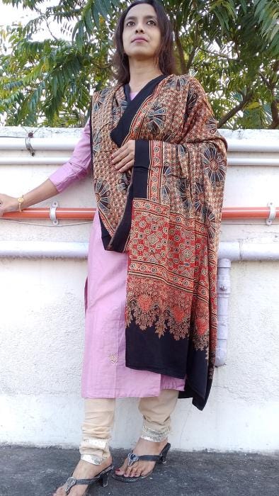 Pakeeza Red & Black Fused Ajrakh Modal Silk Dupatta - Designer Stoles