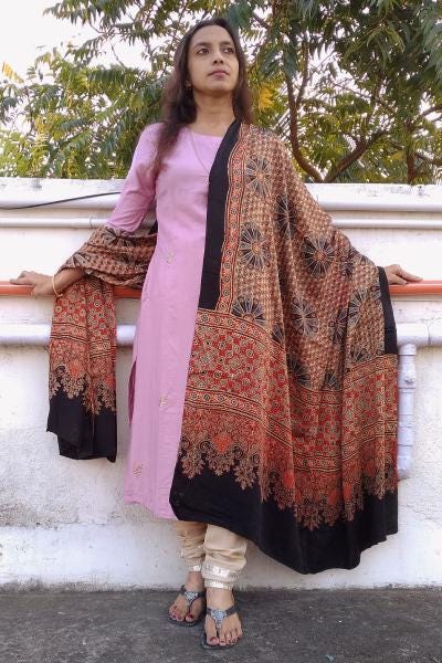 Pakeeza Red & Black Fused Ajrakh Modal Silk Dupatta - Designer Stoles