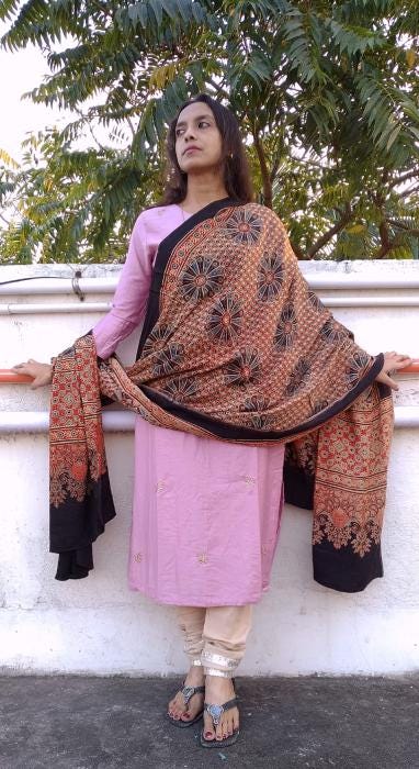 Pakeeza Red & Black Fused Ajrakh Modal Silk Dupatta - Designer Stoles