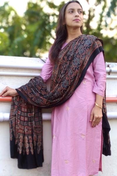 Shayarana Black & Red Ajrakh Modal Silk Dupatta - Natural Dye Cultural Clothing