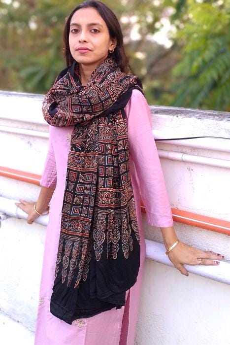 Shayarana Black & Red Ajrakh Modal Silk Dupatta - Natural Dye Cultural Clothing