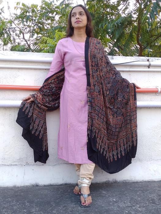 Shayarana Black & Red Ajrakh Modal Silk Dupatta - Natural Dye Cultural Clothing