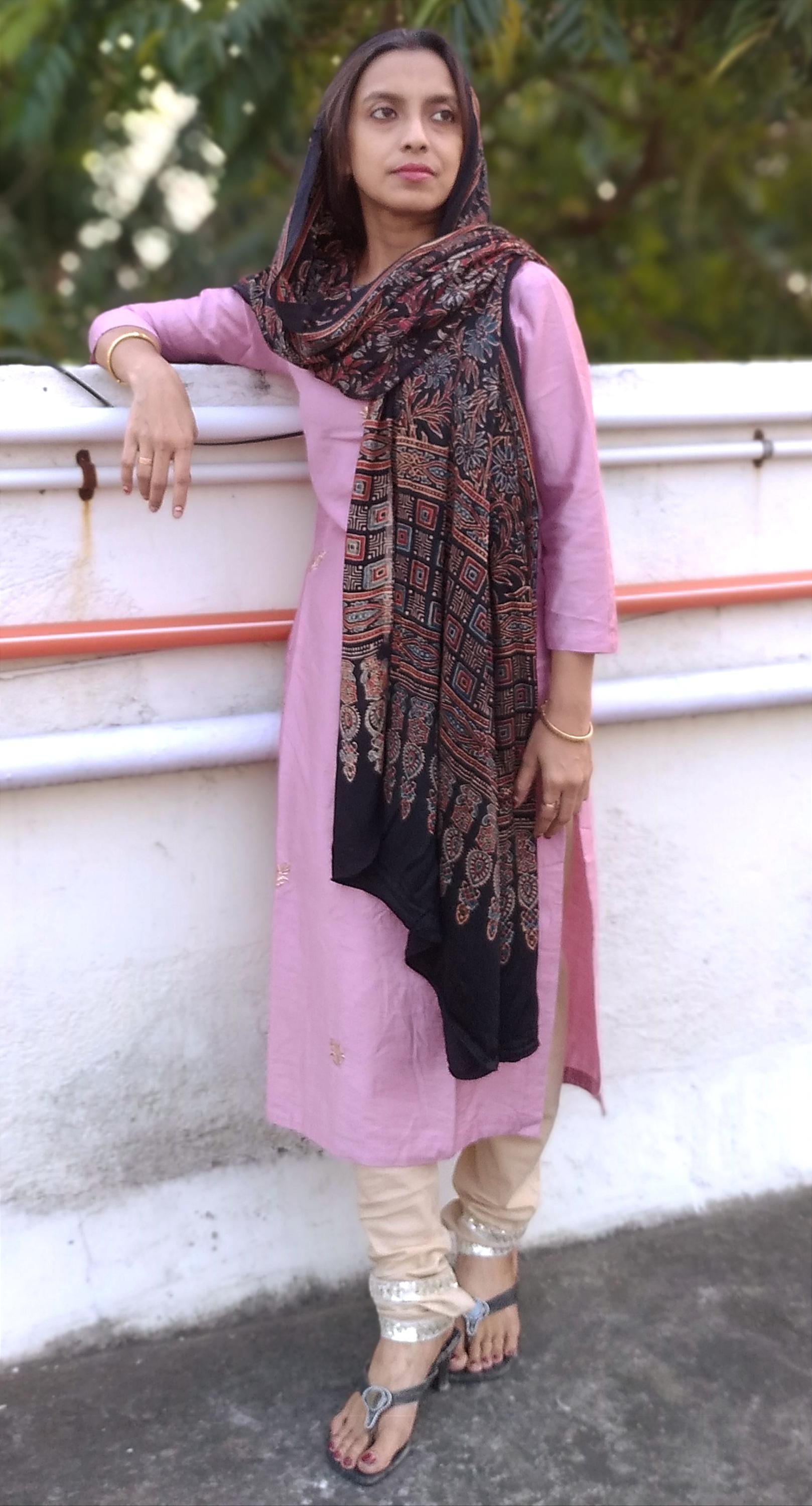 Shayarana Black & Red Ajrakh Modal Silk Dupatta - Natural Dye Cultural Clothing