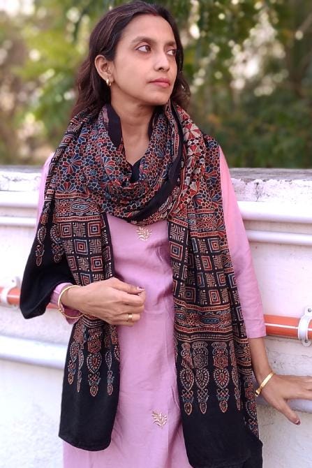 Shayarana Black & Red Ajrakh Modal Silk Dupatta - Natural Dye Cultural Clothing