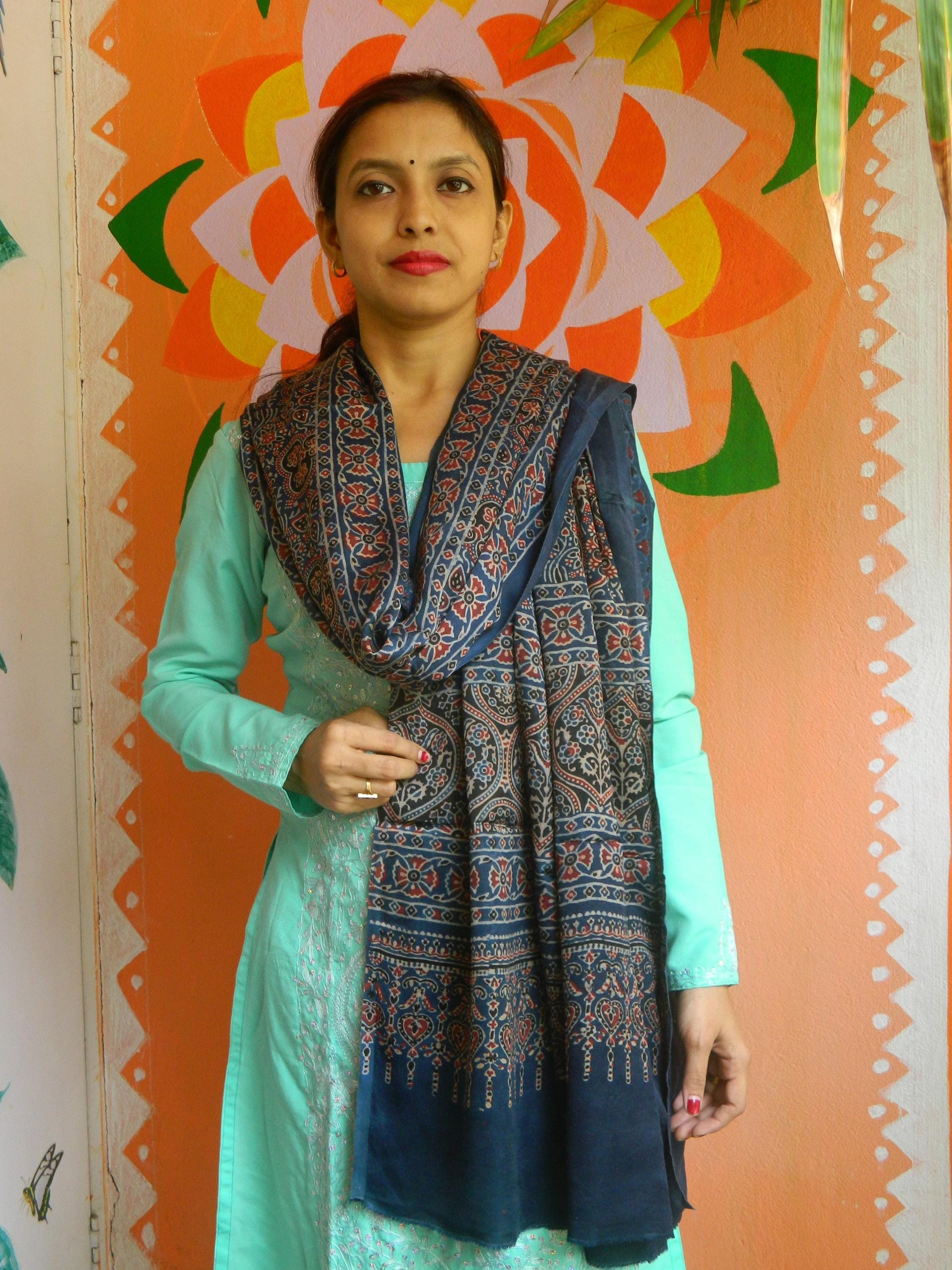 Indigo Blue Graphite Grey Red Modal Silk Ajrakh Handblock Dupatta