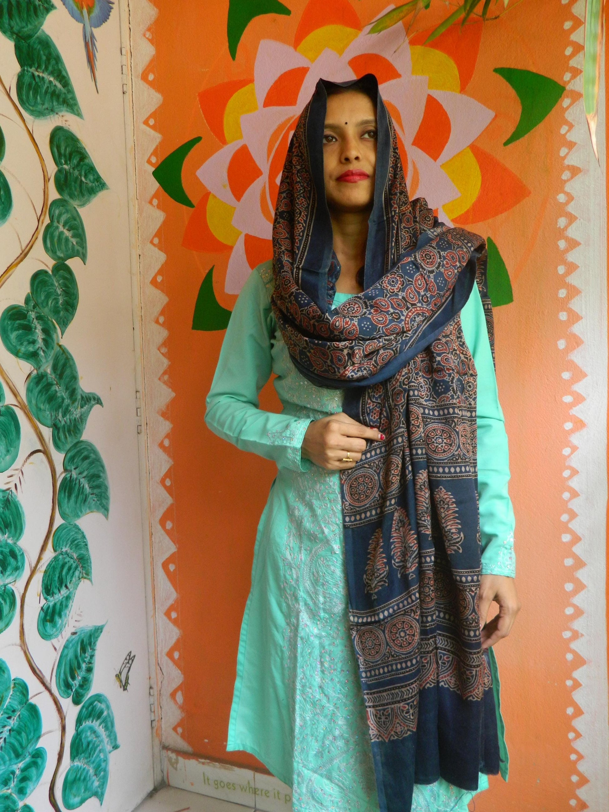 Indigo Blue Graphite Grey Red Modal Silk Ajrakh Handblock Dupatta