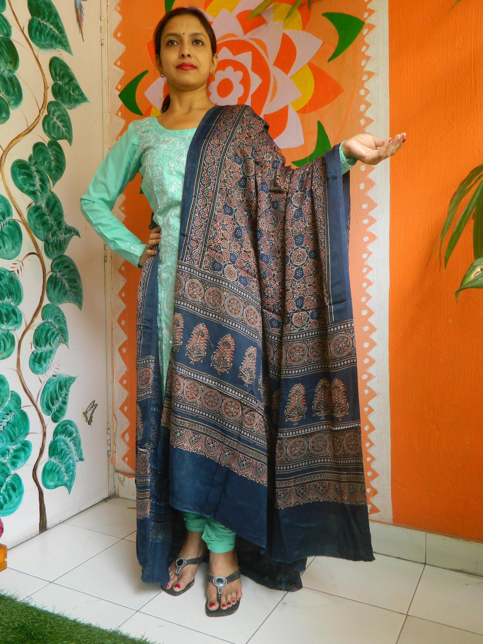 Indigo Blue Graphite Grey Red Modal Silk Ajrakh Handblock Dupatta