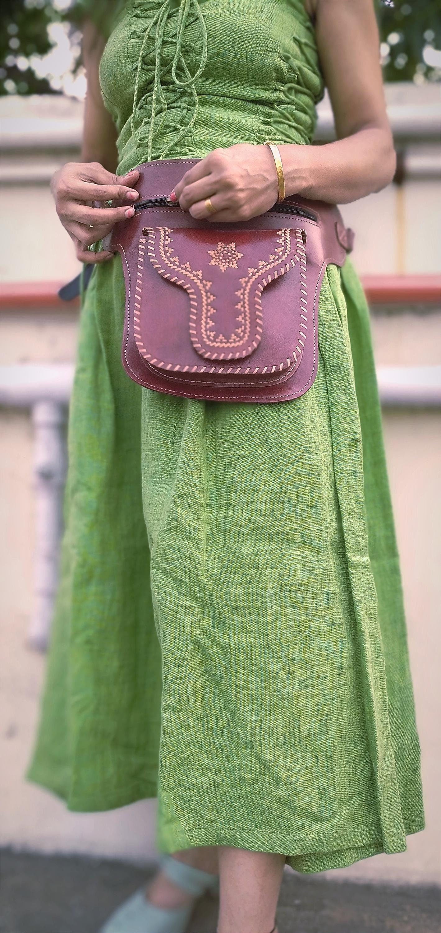 Dark Brown Cruelty-Free Leather Bohemian Style Saddle Bag Ethnic Pattern
